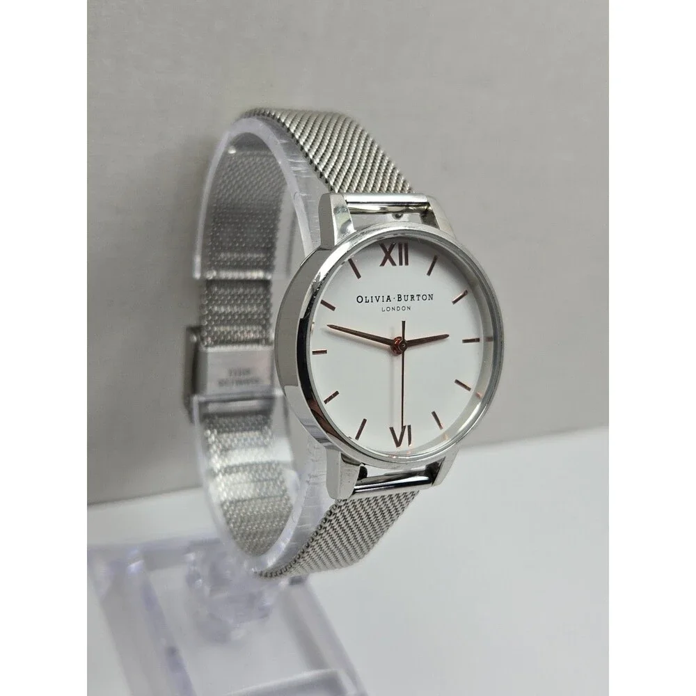 Olivia Burton London Womens Silver Mesh White Dial Quartz 30mm Watch New Battery